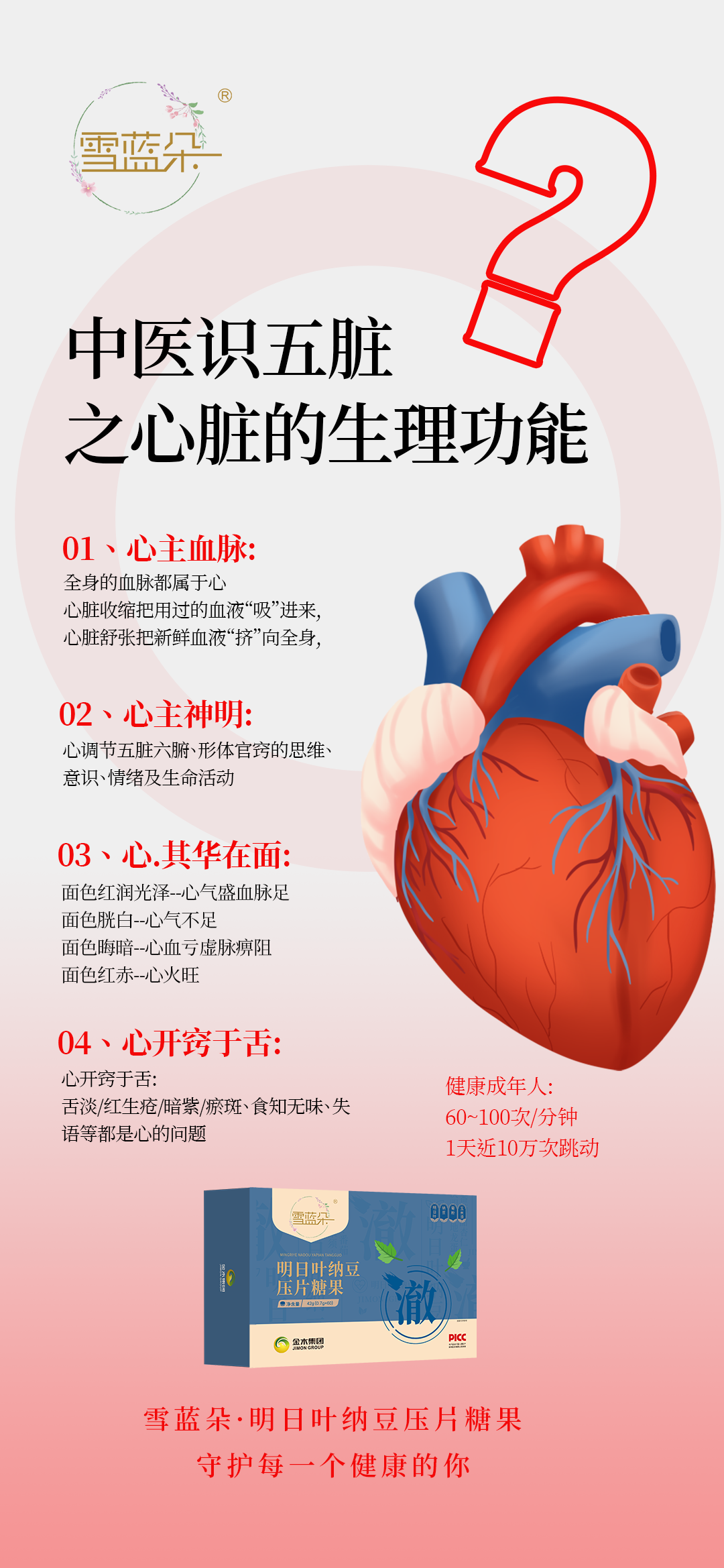 养心三件事，睡对、吃对、按对就稳了！。中医识五脏之心脏的生理功能。1、心主血脉。全身的血脉都属于心，心脏收缩把用过的血液“吸”进来，心脏舒张把新鲜的血液“挤”向全身。。2、心主神明。心调节五脏六腑，形体官窍的思维、意识、情绪及生命活动。3、心其华在面。面色红润光泽——心气盛血脉足。面色胱白——心气不足。面色晦暗——心血亏虚脉痹阻。面色红赤——心火旺。4、、心开窍于舌。心开窍于舌：舌淡、红生疮、暗紫、淤斑、食知无味、失语等都是心的问题